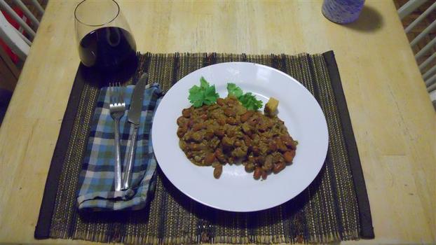 Dinner: kidney beans in a spicy yogurt coriander sauce with tofu Dinner: kidney beans in a spicy yogurt coriander sauce with tofu